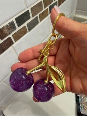 Gold-Tone Keyring with Purple Glitter Cherry Charm